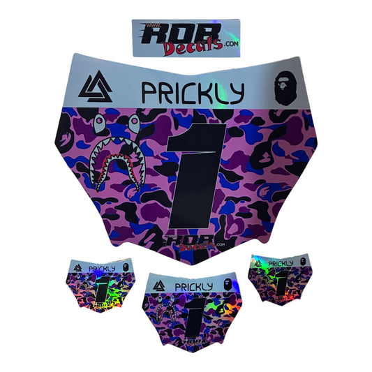 MotoCutz Style Front Number Plate Decal- Pink/ Purple/ Blue Designer Camo on Holographic Chrome- 5 Logo - Talaria/ Surron/ E-Bike- Includes Free Mini Decals