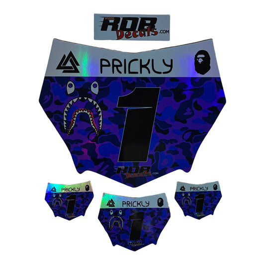 MotoCutz Style Front Number Plate Decal- Purple/ Blue Designer Camo on Holographic Chrome- 5 Logo - Talaria/ Surron/ E-Bike- Includes Free Mini Decals