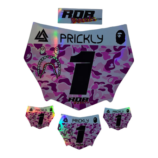 MotoCutz Style Front Number Plate Decal- Pink Designer Camo on Holographic Chrome- 5 Logo - Talaria/ Surron/ E-Bike- Includes Free Mini Decals