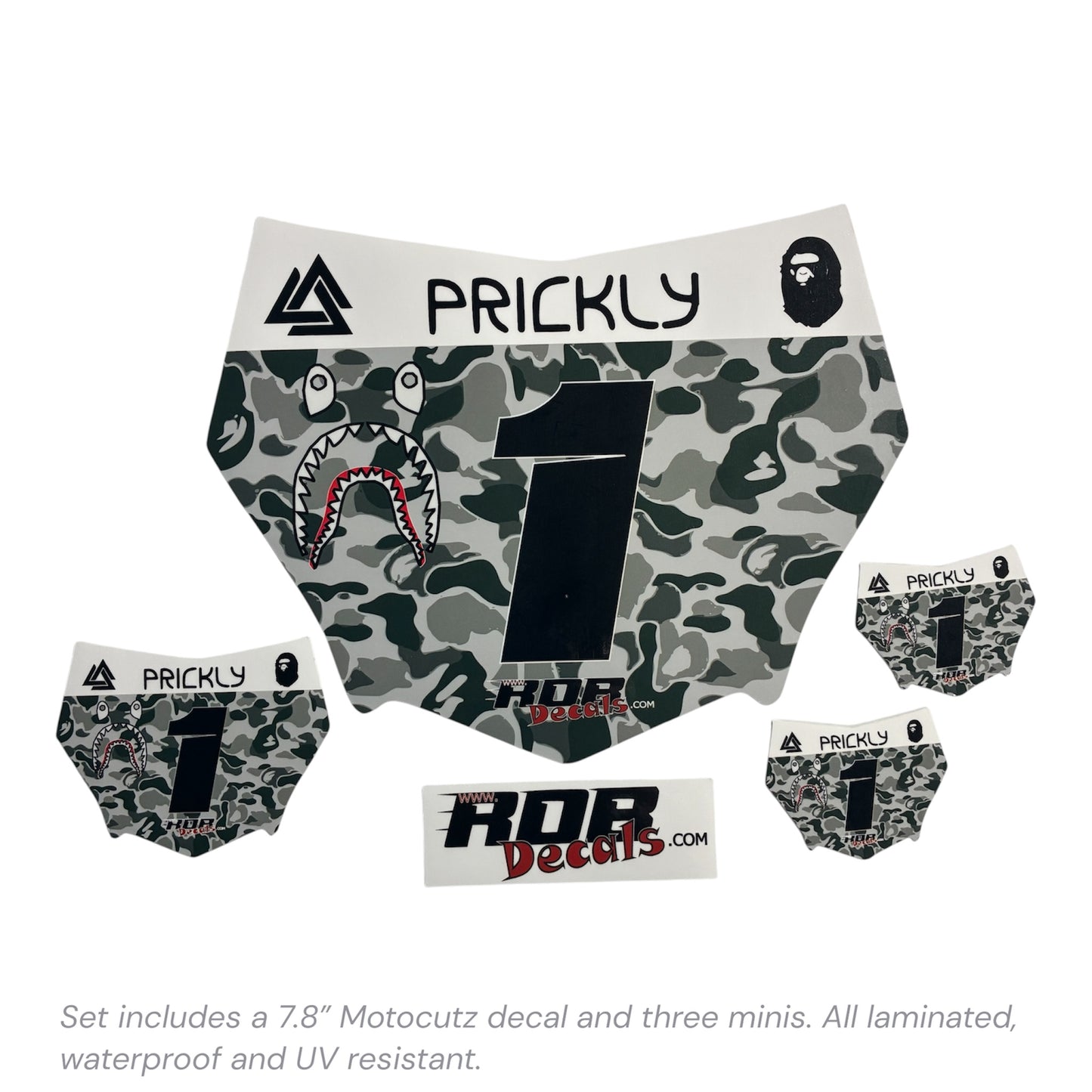 MotoCutz Style Front Number Plate Decal- Gray Designer Camo- 5 Logo - Talaria/  Surron/ E-Bike- Includes Free Mini Decals