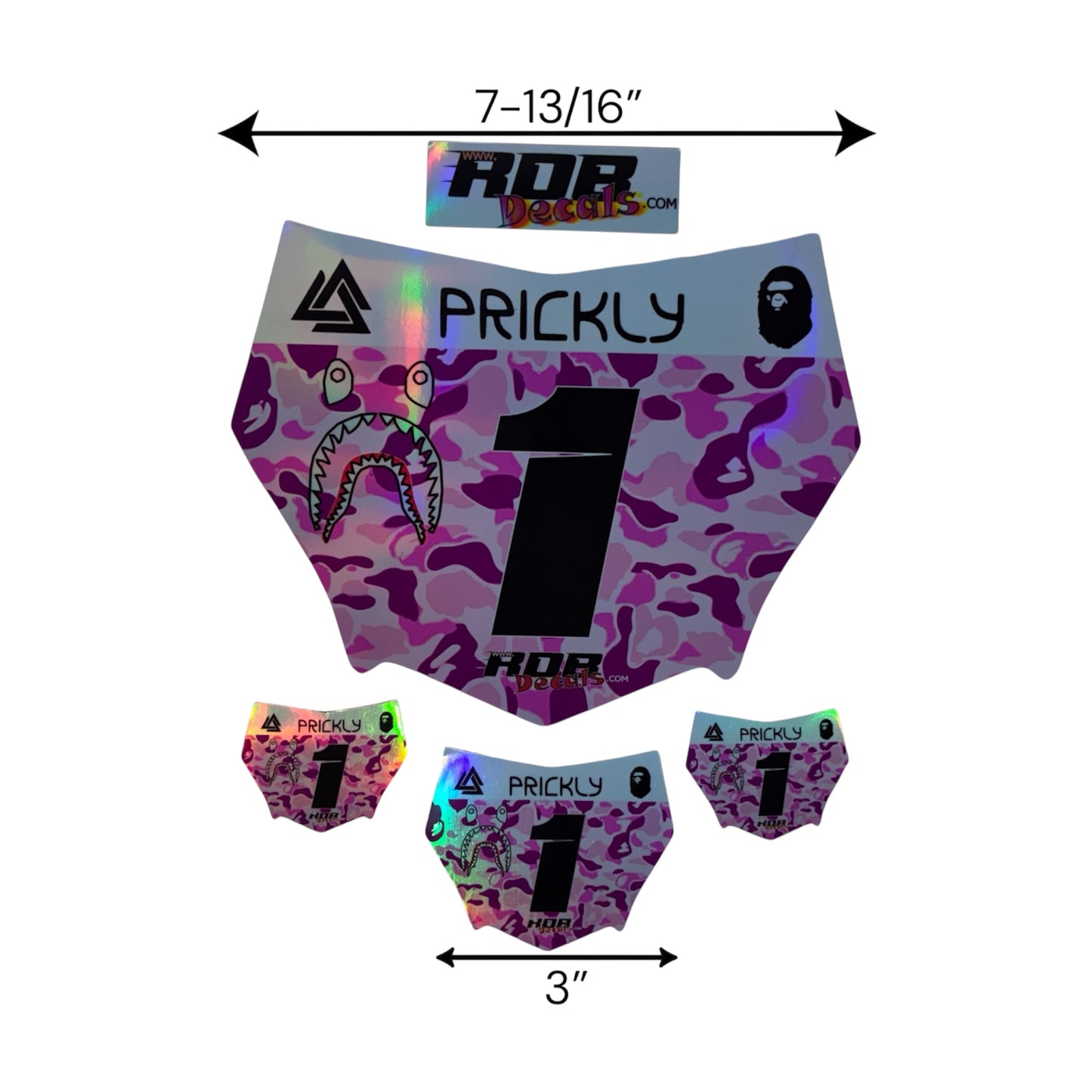 MotoCutz Style Front Number Plate Decal- Pink Designer Camo on Holographic Chrome- 5 Logo - Talaria/  Surron/ E-Bike- Includes Free Mini Decals