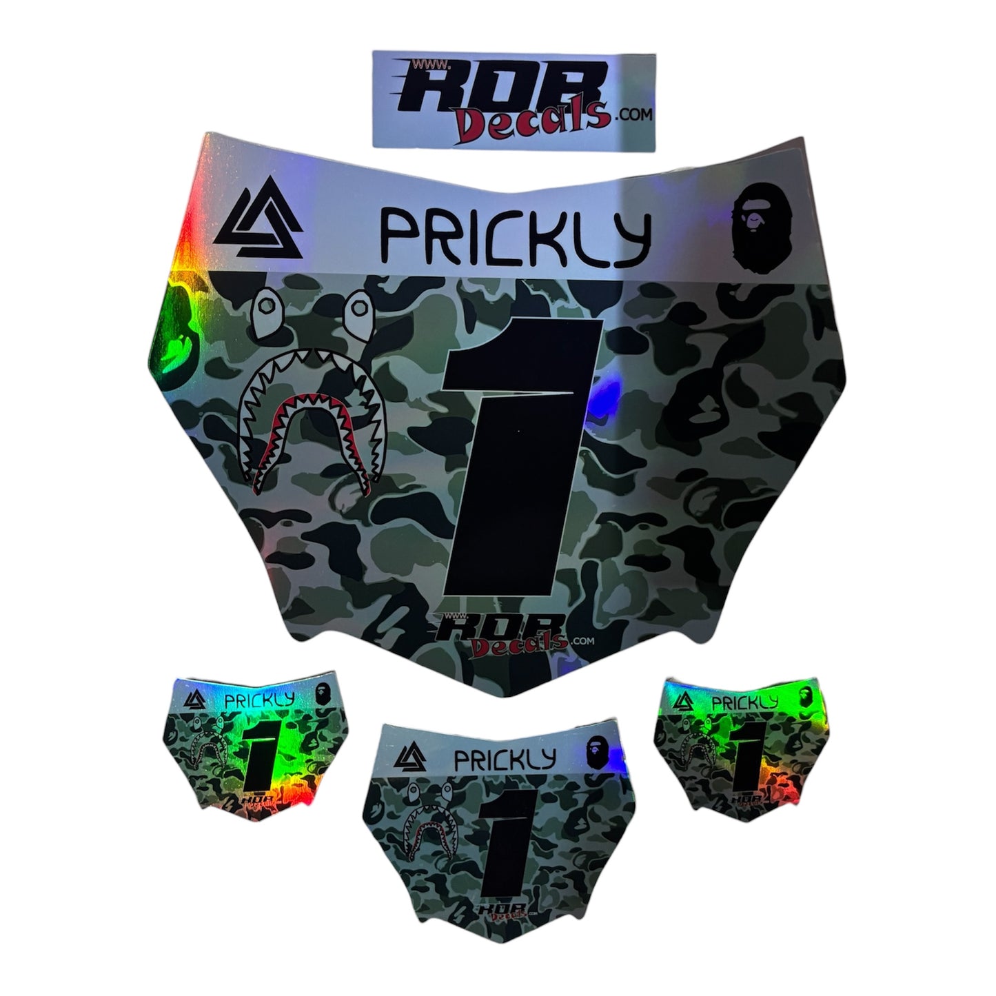 MotoCutz Style Front Number Plate Decal- Gray Designer Camo on Holographic Chrome- 5 Logo - Talaria/  Surron/ E-Bike- Includes Free Mini Decals