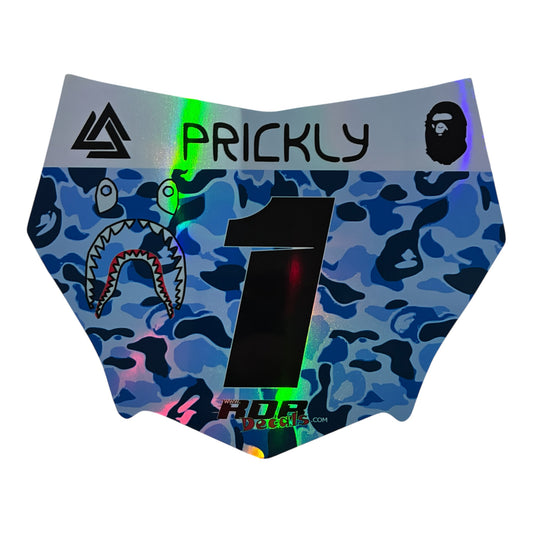 MotoCutz Style Front Number Plate Decal- Blue Designer Camo on Holographic Chrome- 5 Logo - Talaria/  Surron/ E-Bike- Includes Free Mini Decals