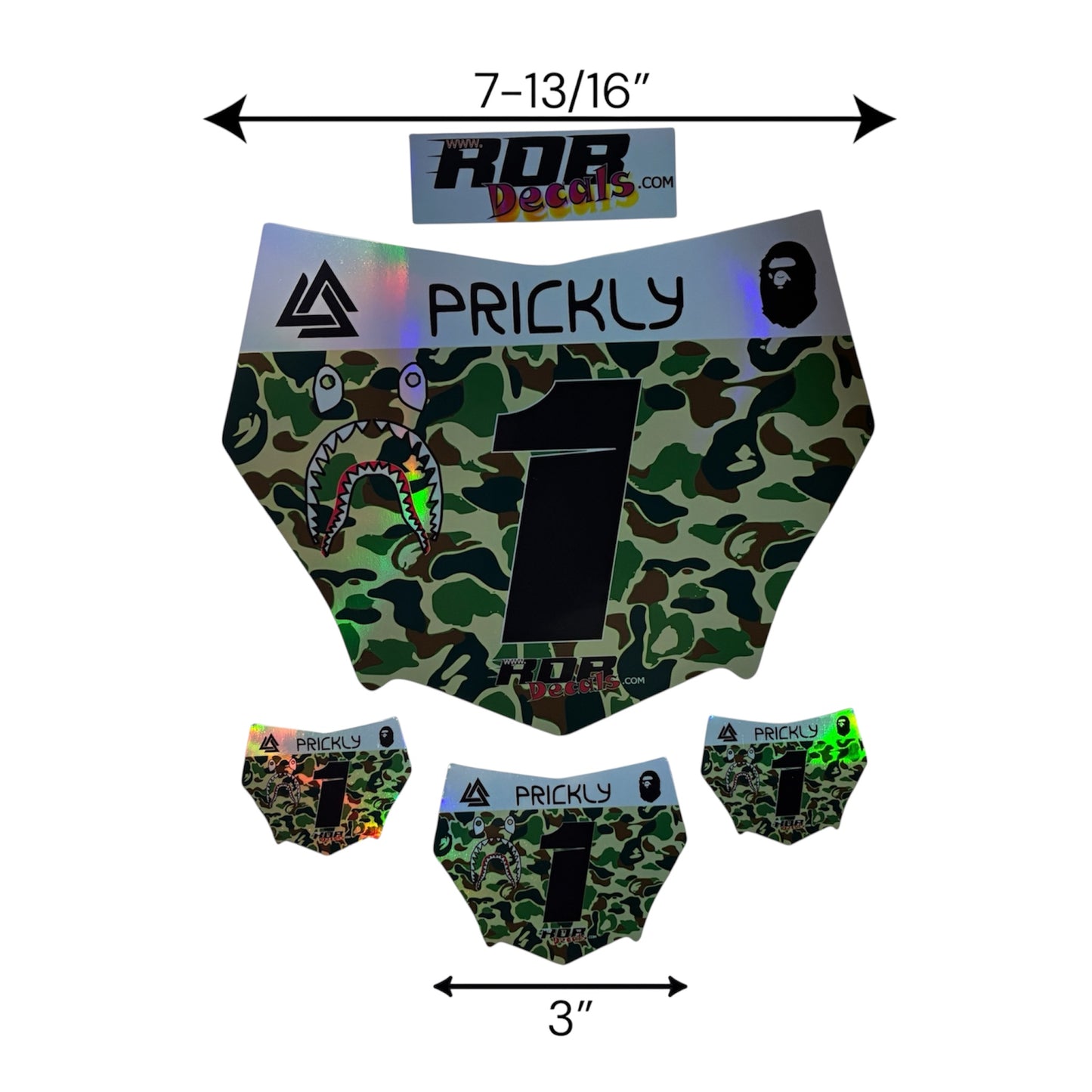MotoCutz Style Front Number Plate Decal- Green Designer Camo on Holographic Chrome- 5 Logo - Talaria/  Surron/ E-Bike- Includes Free Mini Decals