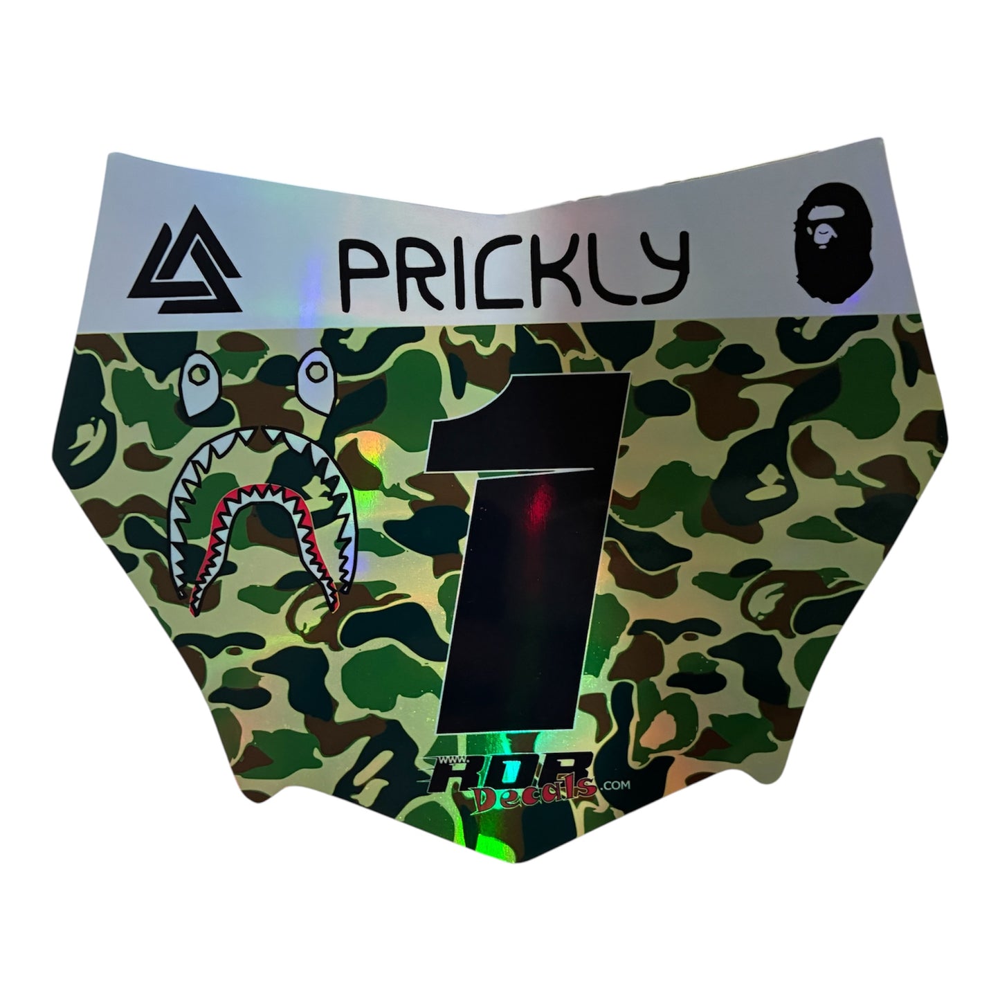 MotoCutz Style Front Number Plate Decal- Green Designer Camo on Holographic Chrome- 5 Logo - Talaria/  Surron/ E-Bike- Includes Free Mini Decals