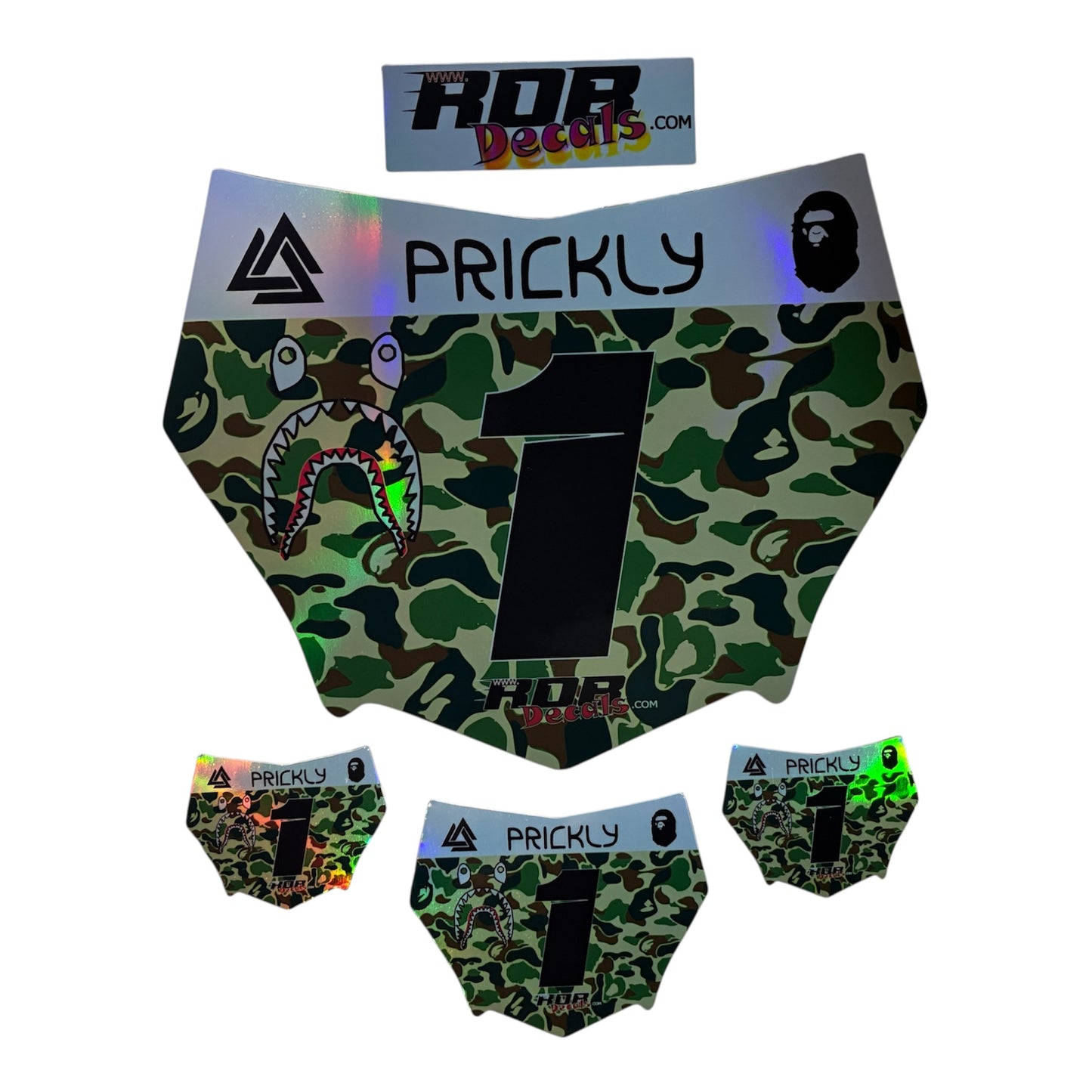 MotoCutz Style Front Number Plate Decal- Green Designer Camo on Holographic Chrome- 5 Logo - Talaria/  Surron/ E-Bike- Includes Free Mini Decals