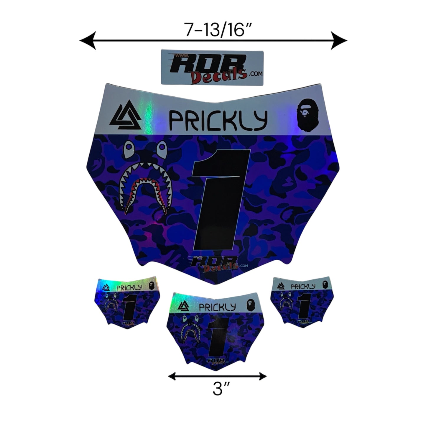 MotoCutz Style Front Number Plate Decal- Purple/ Blue Designer Camo on Holographic Chrome- 5 Logo - Talaria/  Surron/ E-Bike- Includes Free Mini Decals