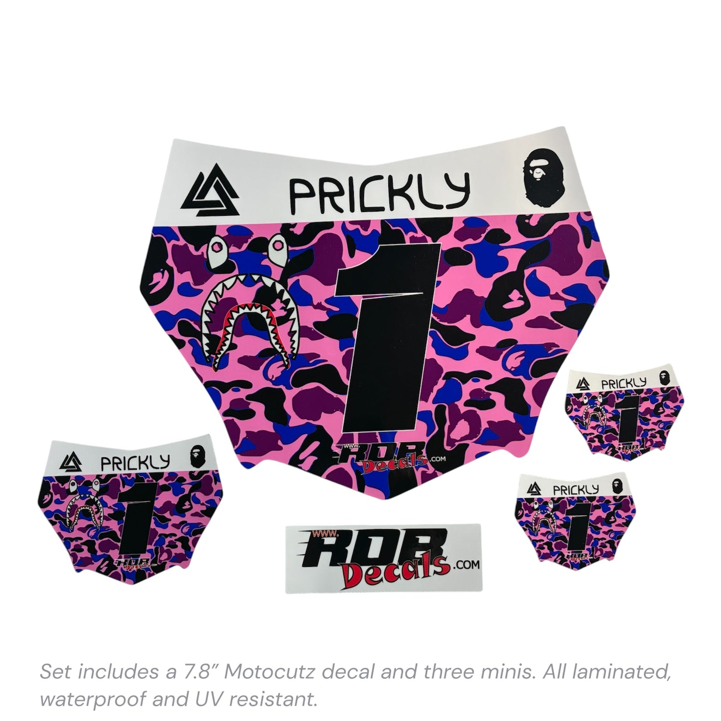 MotoCutz Style Front Number Plate Decal- Pink/ Purple/ Blue Designer Camo- 5 Logo - Talaria/  Surron/ E-Bike- Includes Free Mini Decals