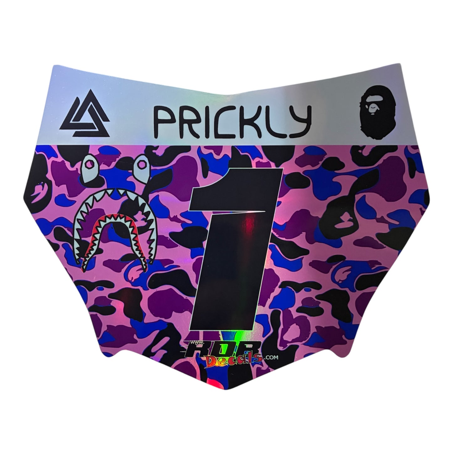 MotoCutz Style Front Number Plate Decal- Pink/ Purple/ Blue Designer Camo on Holographic Chrome- 5 Logo - Talaria/  Surron/ E-Bike- Includes Free Mini Decals