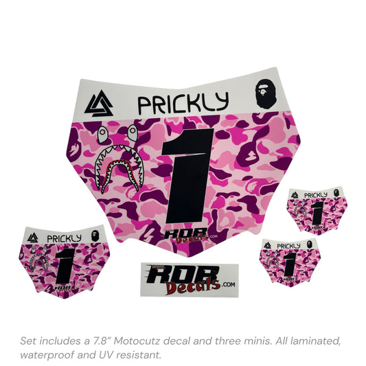 MotoCutz Style Front Number Plate Decal- Pink Designer Camo- 5 Logo - Talaria/  Surron/ E-Bike- Includes Free Mini Decals