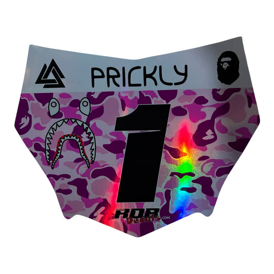 MotoCutz Style Front Number Plate Decal- Pink Designer Camo on Holographic Chrome- 5 Logo - Talaria/  Surron/ E-Bike- Includes Free Mini Decals