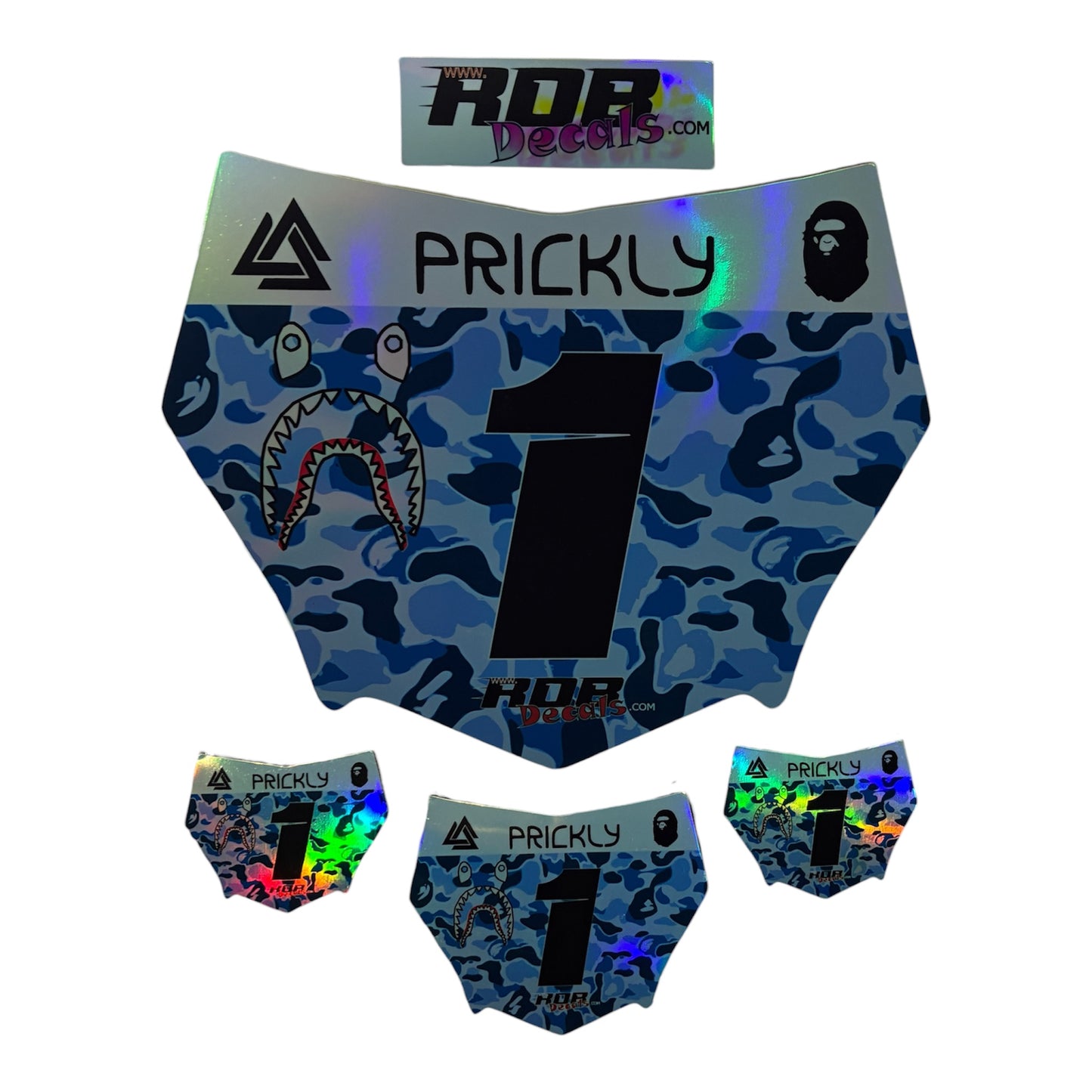 MotoCutz Style Front Number Plate Decal- Blue Designer Camo on Holographic Chrome- 5 Logo - Talaria/  Surron/ E-Bike- Includes Free Mini Decals