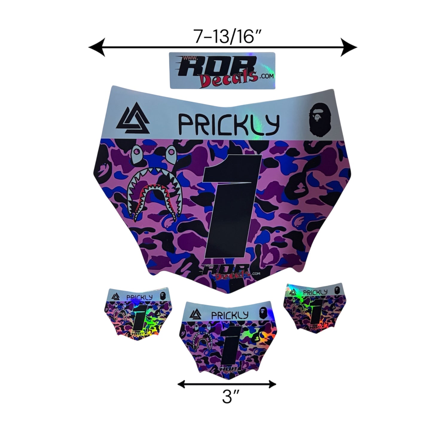 MotoCutz Style Front Number Plate Decal- Pink/ Purple/ Blue Designer Camo on Holographic Chrome- 5 Logo - Talaria/  Surron/ E-Bike- Includes Free Mini Decals