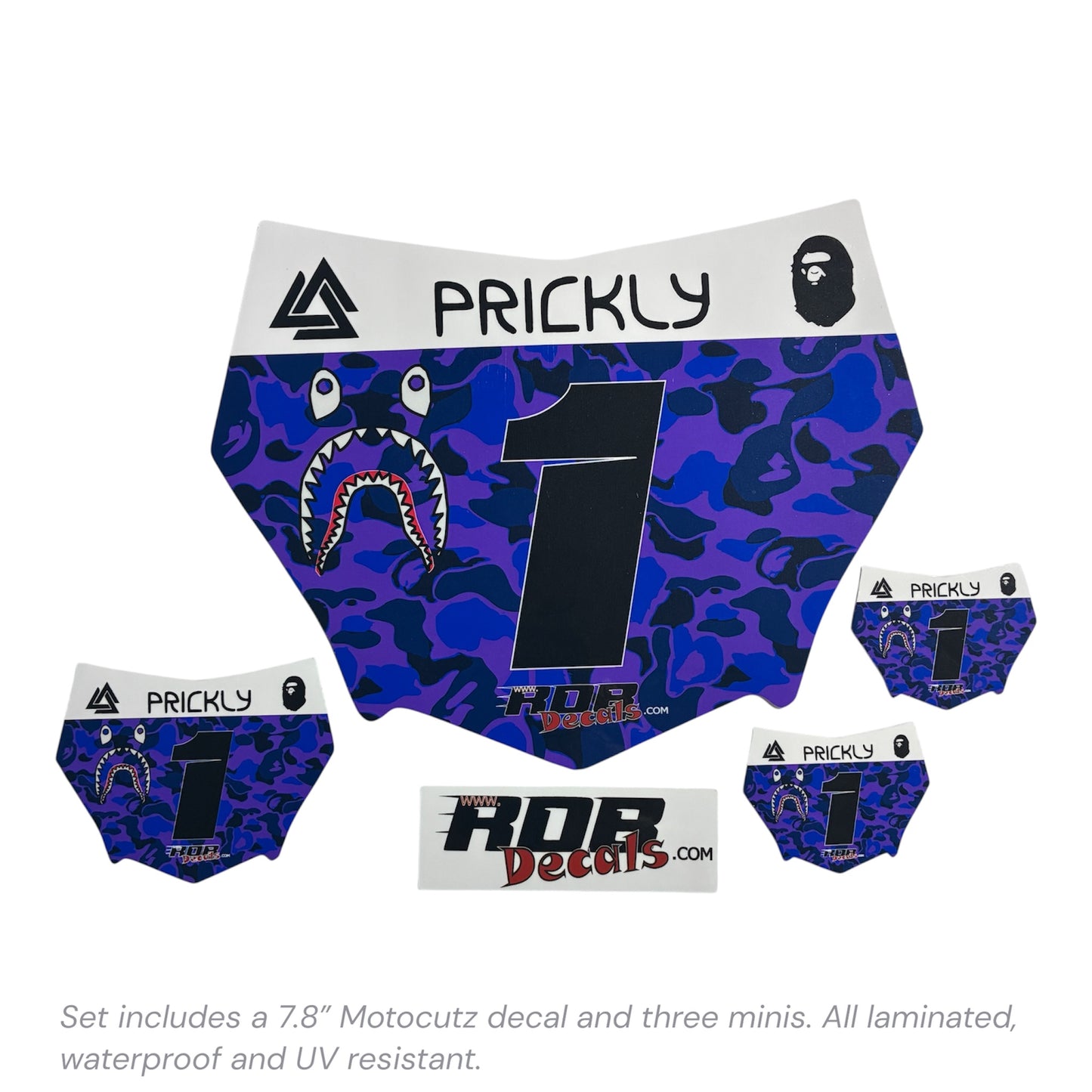 MotoCutz Style Front Number Plate Decal- Purple/ Blue Designer Camo- 5 Logo - Talaria/  Surron/ E-Bike- Includes Free Mini Decals