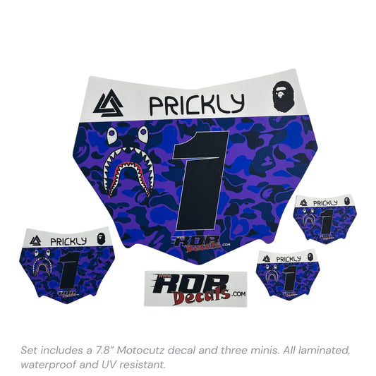 MotoCutz Style Front Number Plate Decal- Purple/ Blue Designer Camo- 5 Logo - Talaria/  Surron/ E-Bike- Includes Free Mini Decals
