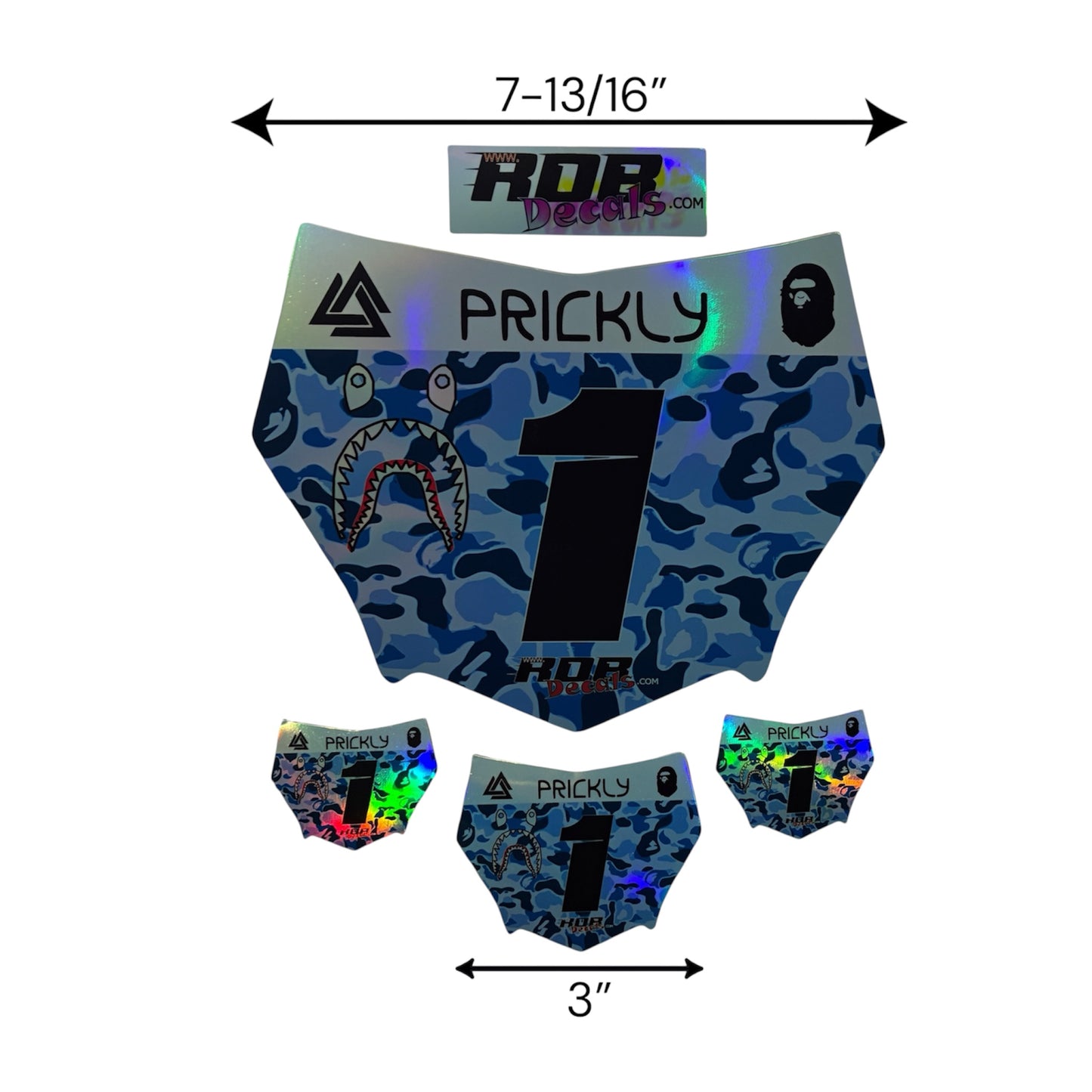MotoCutz Style Front Number Plate Decal- Blue Designer Camo on Holographic Chrome- 5 Logo - Talaria/  Surron/ E-Bike- Includes Free Mini Decals