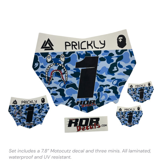 MotoCutz Style Front Number Plate Decal- Blue Designer Camo- 5 Logo - Talaria/  Surron/ E-Bike- Includes Free Mini Decals