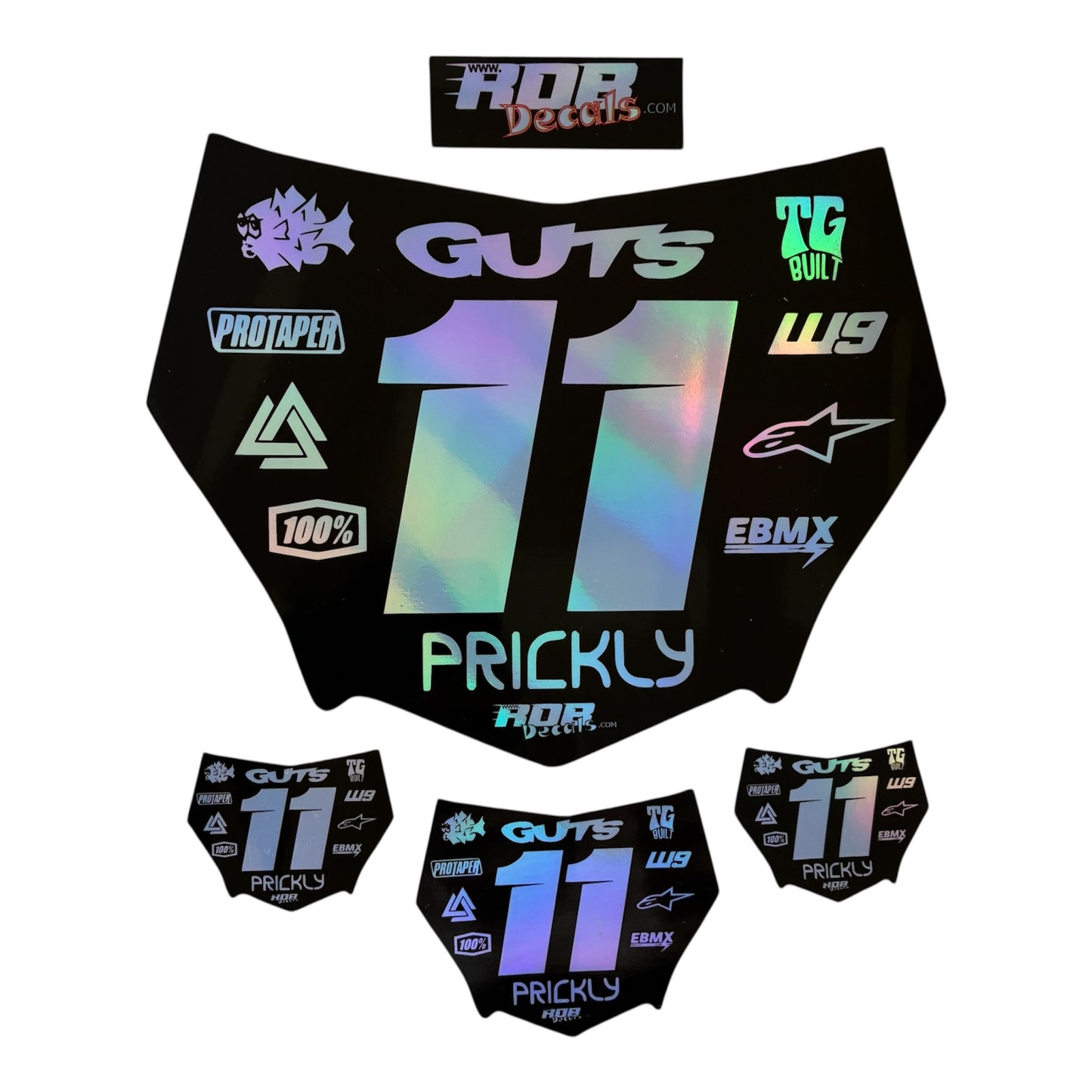 MotoCutz Style Front Number Plate Decal- Holographic Chrome - 11 Logo - Talaria/  Surron/ E-Bike- Includes Free Mini Decals