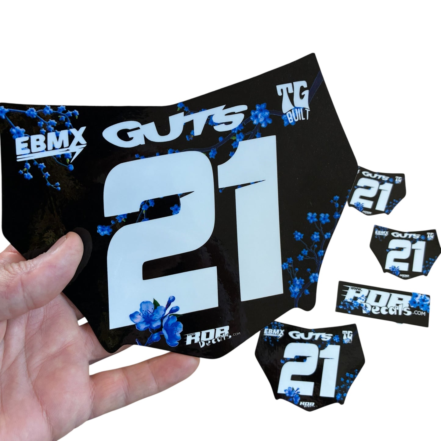 MotoCutz Plate Decal — Blue Cherry Blossom with White